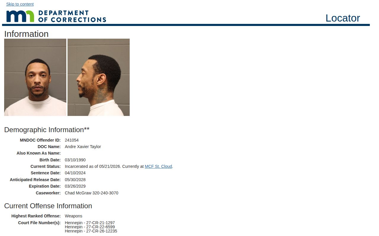 Minnesota DOC example showing the Grant County release date field