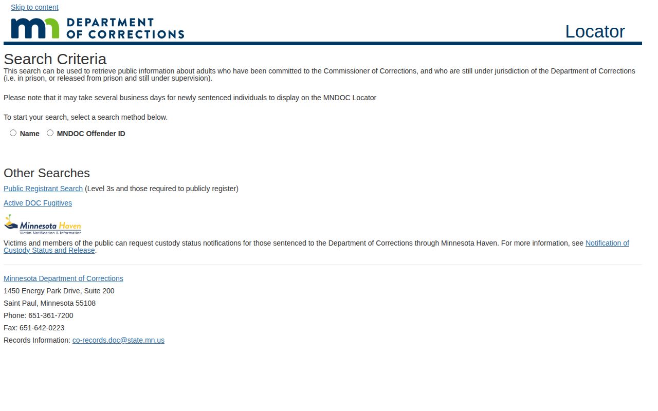 Minnesota DOC release search used for Grant County released inmates