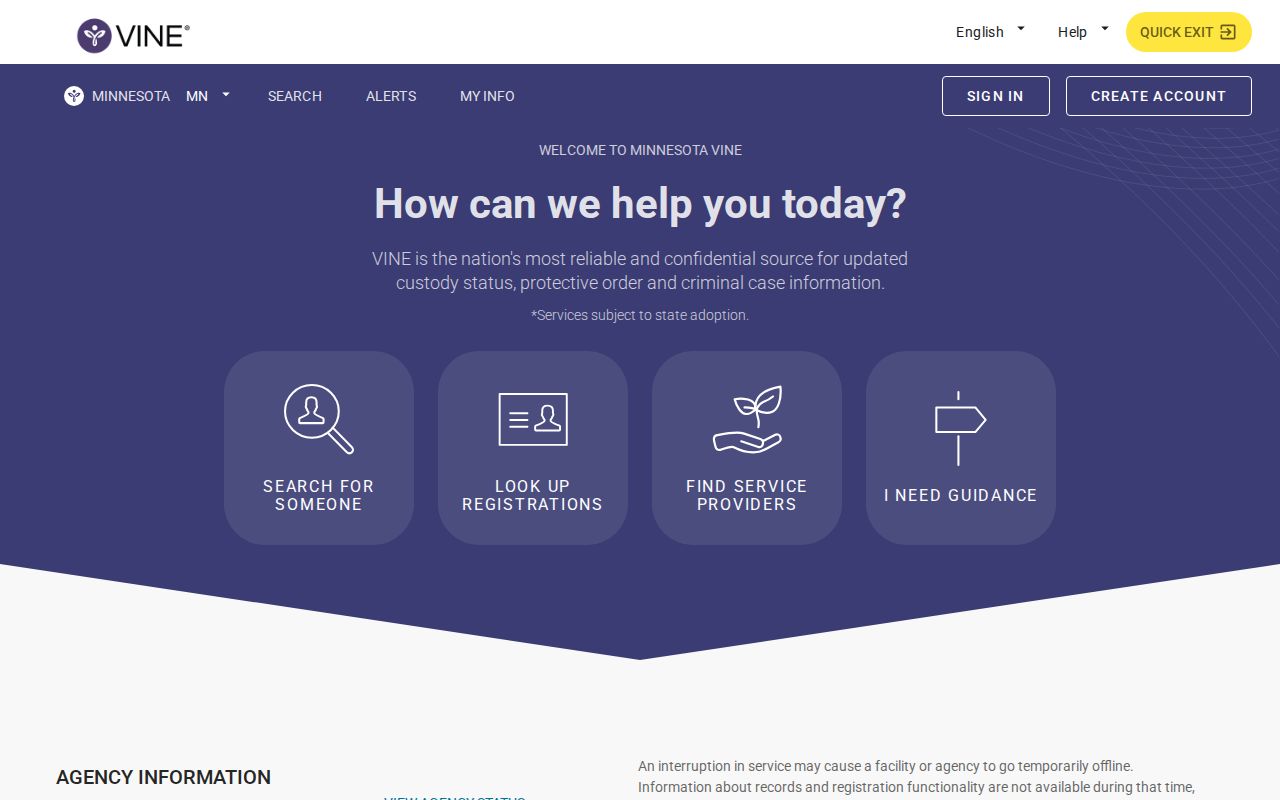 Minnesota VINELink landing page for a Grant County release check